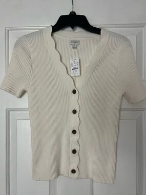 J. Crew Cream Ribbed Short-Sleeve Button-Up Top
